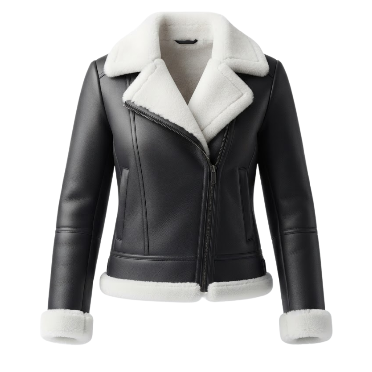 Women's black leather shearling jacket with fur collar and asymmetric zip — Snowgrace by Snag Leather Women's black leather shearling jacket with fur collar and asymmetric zip — Snowgrace by Snag Leather