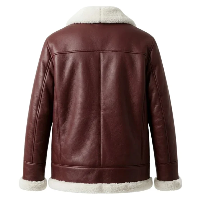 backside shot of the mens maroon shearling leather jacket by snag leather