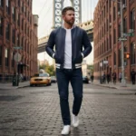 Man wearing navy blue pebbled leather bomber jacket with white varsity stripe ribbed collar and silver zip — Arlo by Snag Leather