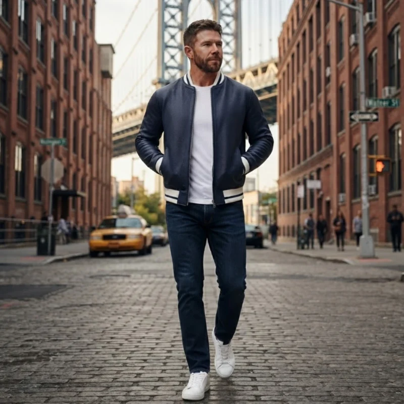 Man wearing navy blue pebbled leather bomber jacket with white varsity stripe ribbed collar and silver zip — Arlo by Snag Leather