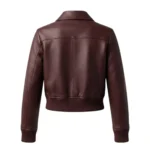 backside shot of Women's cropped maroon leather bomber jacket with point collar, dark gunmetal zip and ribbed cuffs — Claret by Snag Leather