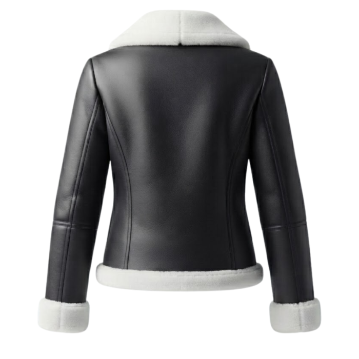 Women's black leather shearling jacket backside with fur collar and asymmetric zip — Snowgrace by Snag Leather