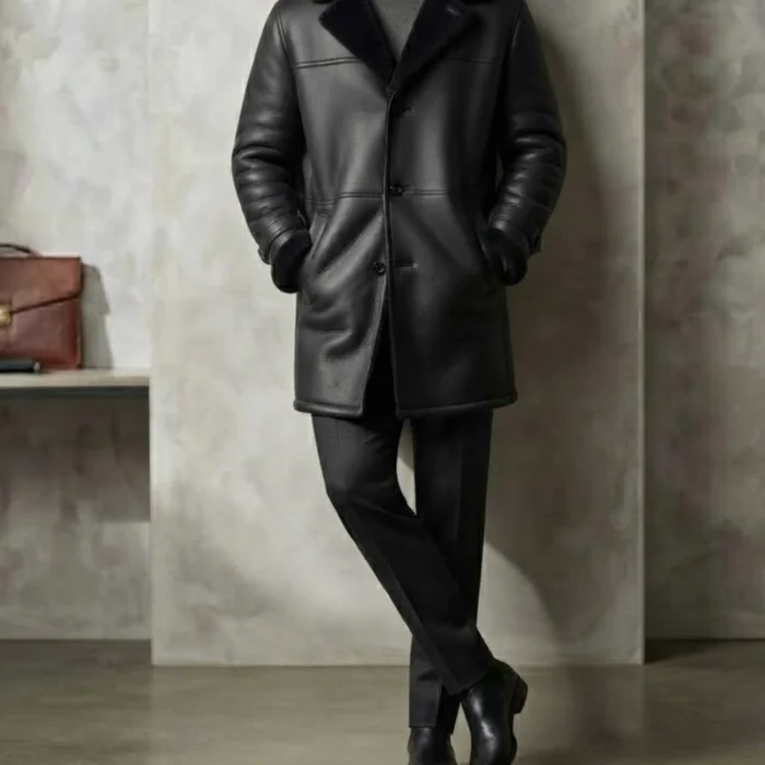 man wearing Men's all-black shearling leather coat with notch fur collar and button front — Midnightkeep by Snag Leather