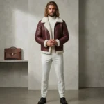 blonde male wearing maroon shearling leather jacket by snag leather