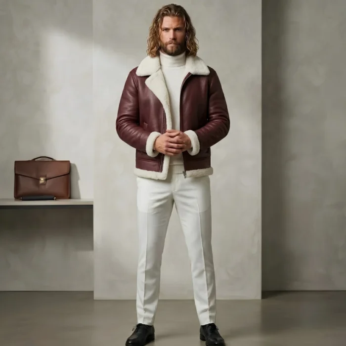 blonde male wearing maroon shearling leather jacket by snag leather