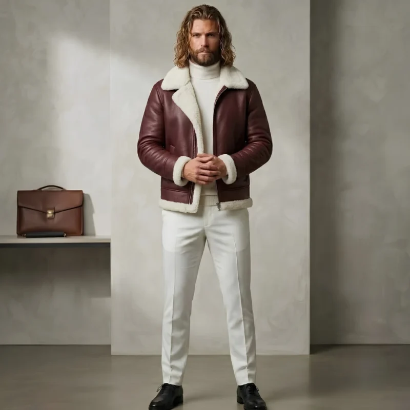 blonde male wearing maroon shearling leather jacket by snag leather