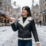 Woman wearing black shearling leather moto jacket with ivory fur collar in snow — Snowgrace by Snag Leather