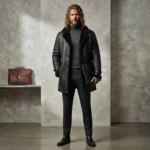 man wearing Men's all-black shearling leather coat with notch fur collar and button front — Midnightkeep by Snag Leather