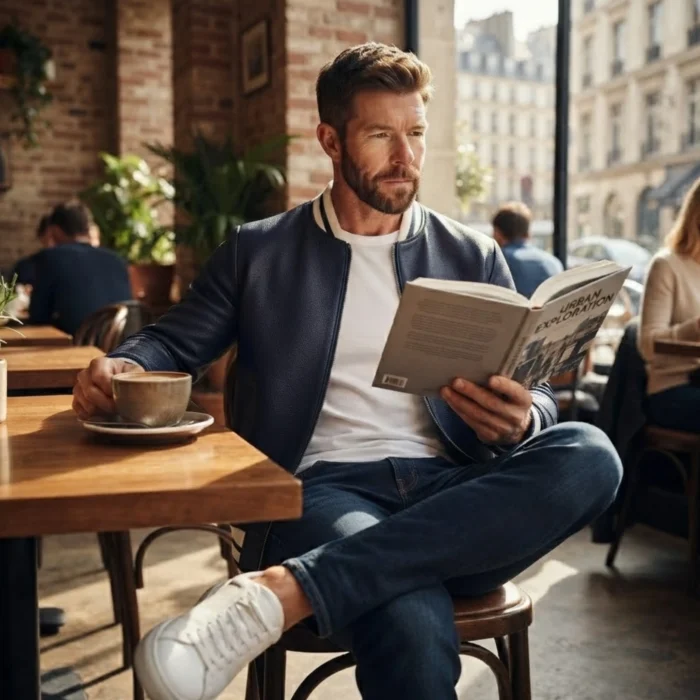 Man wearing navy blue pebbled leather bomber jacket with white varsity stripe ribbed collar and silver zip — Arlo by Snag Leather
