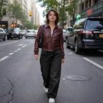 stylish woman wearing the Women's cropped maroon leather bomber jacket with point collar, dark gunmetal zip and ribbed cuffs — Claret by Snag Leather