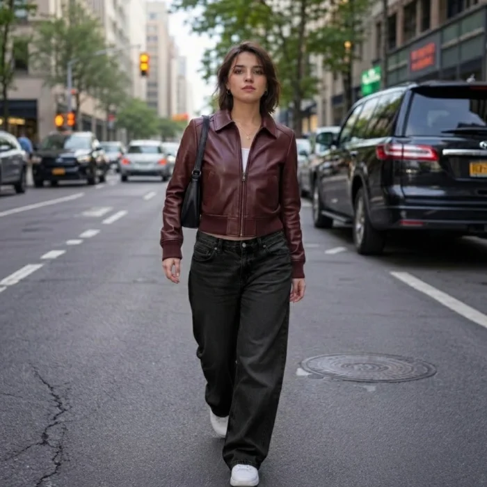 stylish woman wearing the Women's cropped maroon leather bomber jacket with point collar, dark gunmetal zip and ribbed cuffs — Claret by Snag Leather