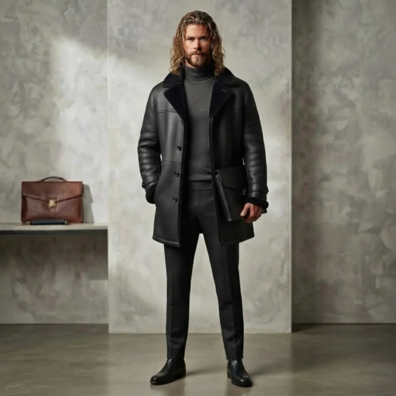 man wearing Men's all-black shearling leather coat with notch fur collar and button front — Midnightkeep by Snag Leather
