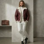 blonde male wearing maroon shearling leather jacket by snag leather