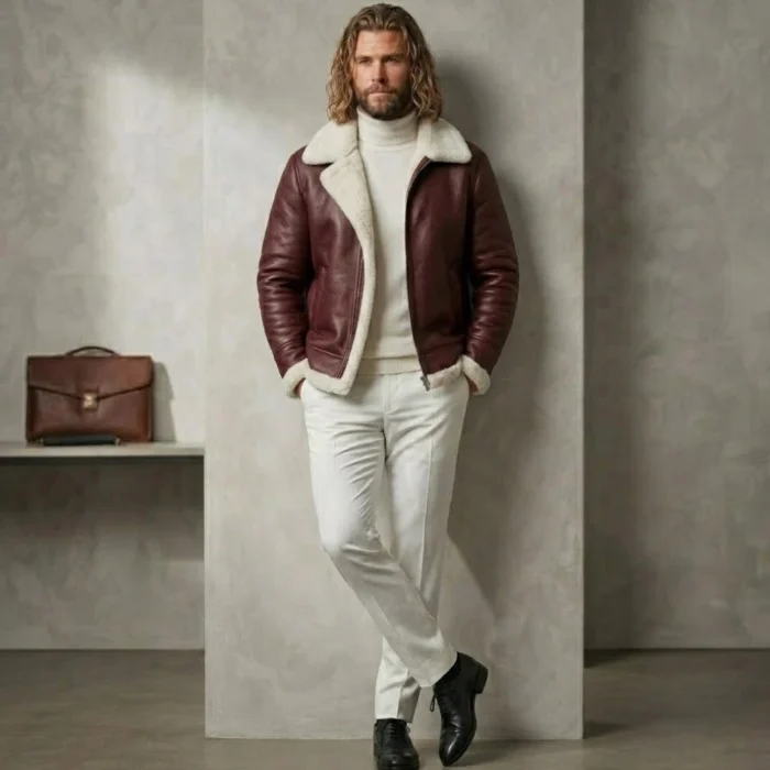 blonde male wearing maroon shearling leather jacket by snag leather
