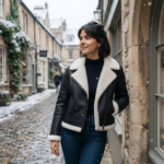 Woman wearing black shearling leather moto jacket with ivory fur collar in snow — Snowgrace by Snag Leather