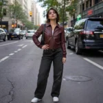 stylish woman wearing the Women's cropped maroon leather bomber jacket with point collar, dark gunmetal zip and ribbed cuffs — Claret by Snag Leather