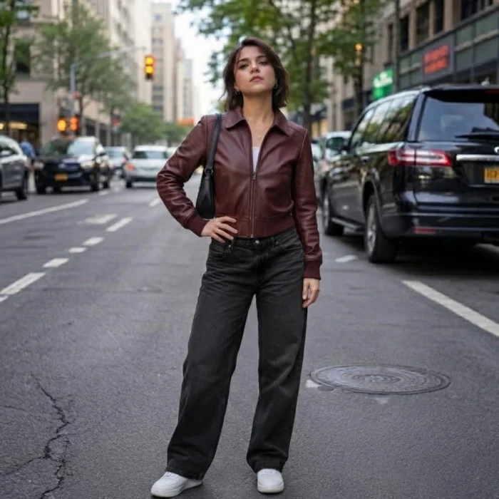stylish woman wearing the Women's cropped maroon leather bomber jacket with point collar, dark gunmetal zip and ribbed cuffs — Claret by Snag Leather