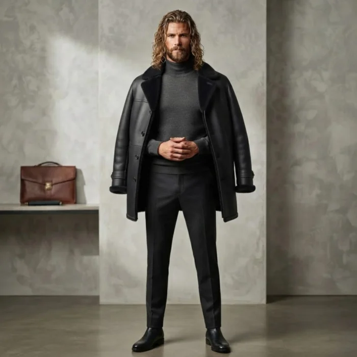 man wearing Men's all-black shearling leather coat with notch fur collar and button front — Midnightkeep by Snag Leather