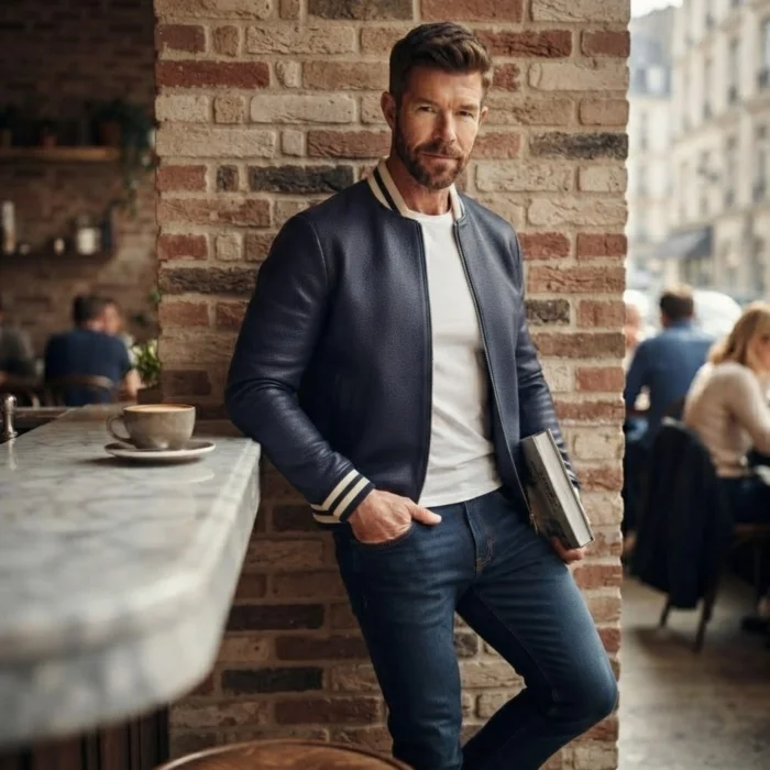 Man wearing navy blue pebbled leather bomber jacket with white varsity stripe ribbed collar and silver zip — Arlo by Snag Leather