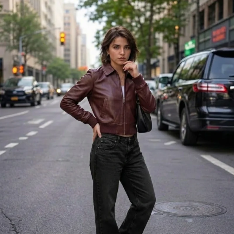 stylish woman wearing the Women's cropped maroon leather bomber jacket with point collar, dark gunmetal zip and ribbed cuffs — Claret by Snag Leather