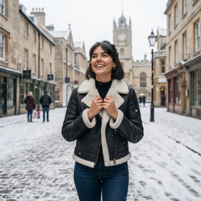 Woman wearing black shearling leather moto jacket with ivory fur collar in snow — Snowgrace by Snag Leather