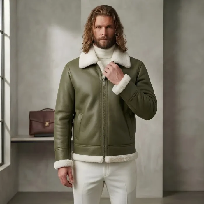 Evercrest Men's Olive Shearling Flight Leather Jacket