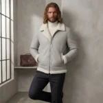 Northbound Men's Light Grey Leather Shearling Aviator Jacket