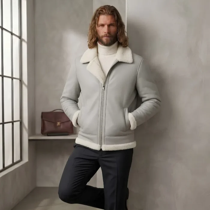 Northbound Men's Light Grey Leather Shearling Aviator Jacket