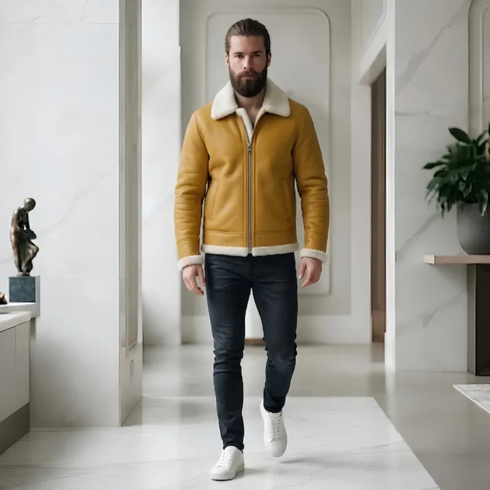Goldrush Men's Mustard Leather Shearling Aviator Jacket