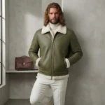 Evercrest Men's Olive Shearling Flight Leather Jacket