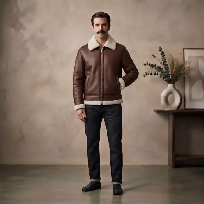 Northbound Men's Brown Shearling Leather Aviator Bomber Jacket