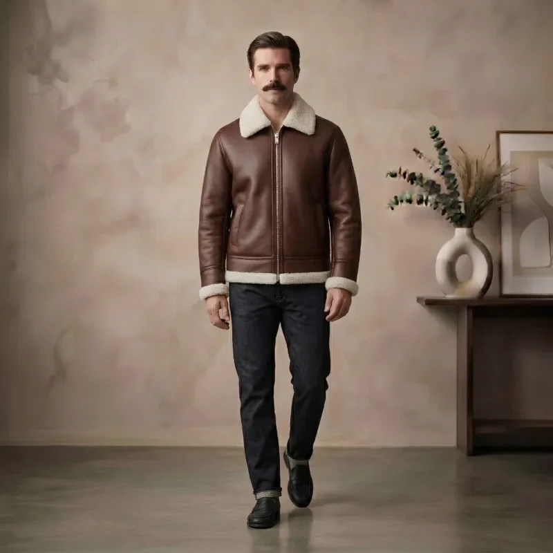 Northbound Men's Brown Shearling Leather Aviator Bomber Jacket