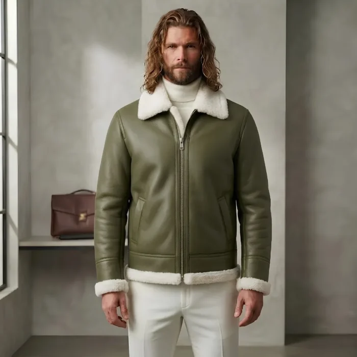 Evercrest Men's Olive Shearling Flight Leather Jacket