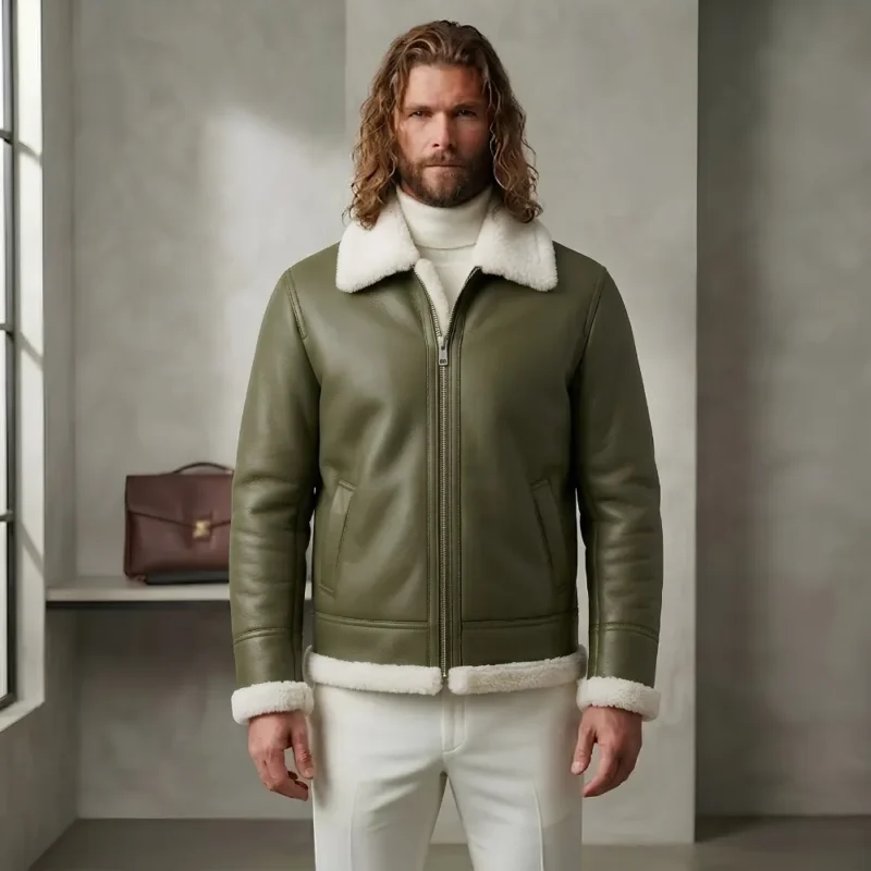 Evercrest Men's Olive Shearling Flight Leather Jacket