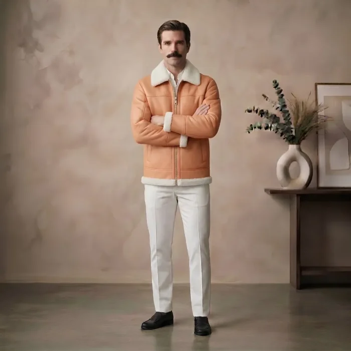 Solstice Men's Peach Shearling Leather Jacket
