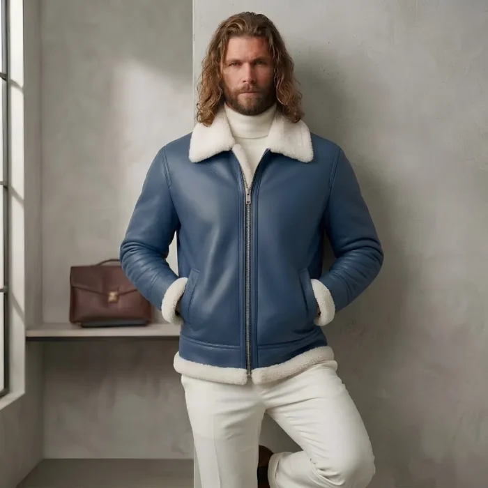 Azure Legacy Men's Blue Leather Shearling Jacket