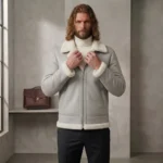 Northbound Men's Light Grey Leather Shearling Aviator Jacket