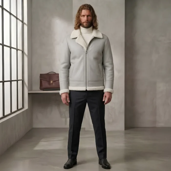 Northbound Men's Light Grey Leather Shearling Aviator Jacket