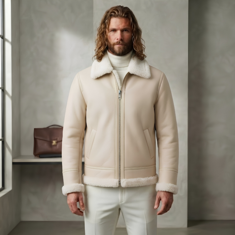Ivory Horizon Men's Cream Shearling Flight Leather Jacket | Snag Leather
