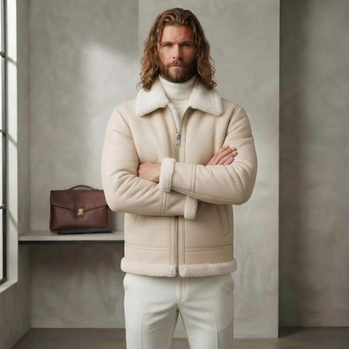 Ivory Horizon Men's Cream Shearling Flight Leather Jacket | Snag Leather