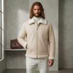 Ivory Horizon Men's Cream Shearling Flight Leather Jacket | Snag Leather