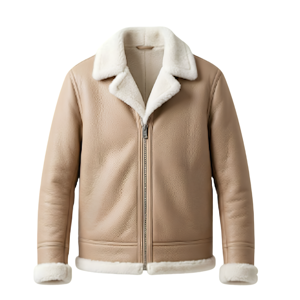 Solstice Men's Sand Tan Shearling Leather Jacket with White Shearling Collar Solstice Men's Sand Tan Shearling Leather Jacket with White Shearling Collar