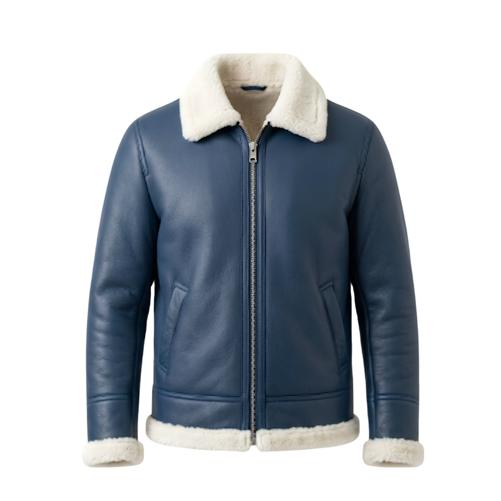 Azure Legacy Men's Blue Leather Shearling Jacket Azure Legacy Men's Blue Leather Shearling Jacket